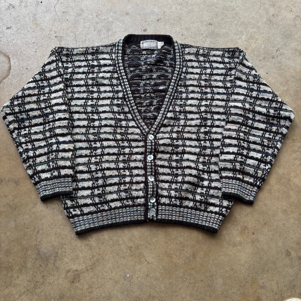 Men's Vintage 90s Concrete Mix Black Gray Knit Acrylic Cardigan Sweater Sz Large